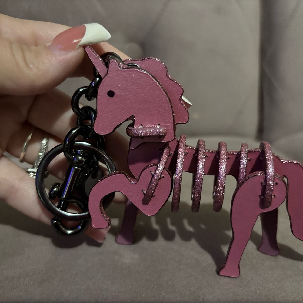 COACH Unicorn Small Leather Puzzle Bag Charm Key Chain Pink Primrose 4x4" NEW - Picture 4 of 12
